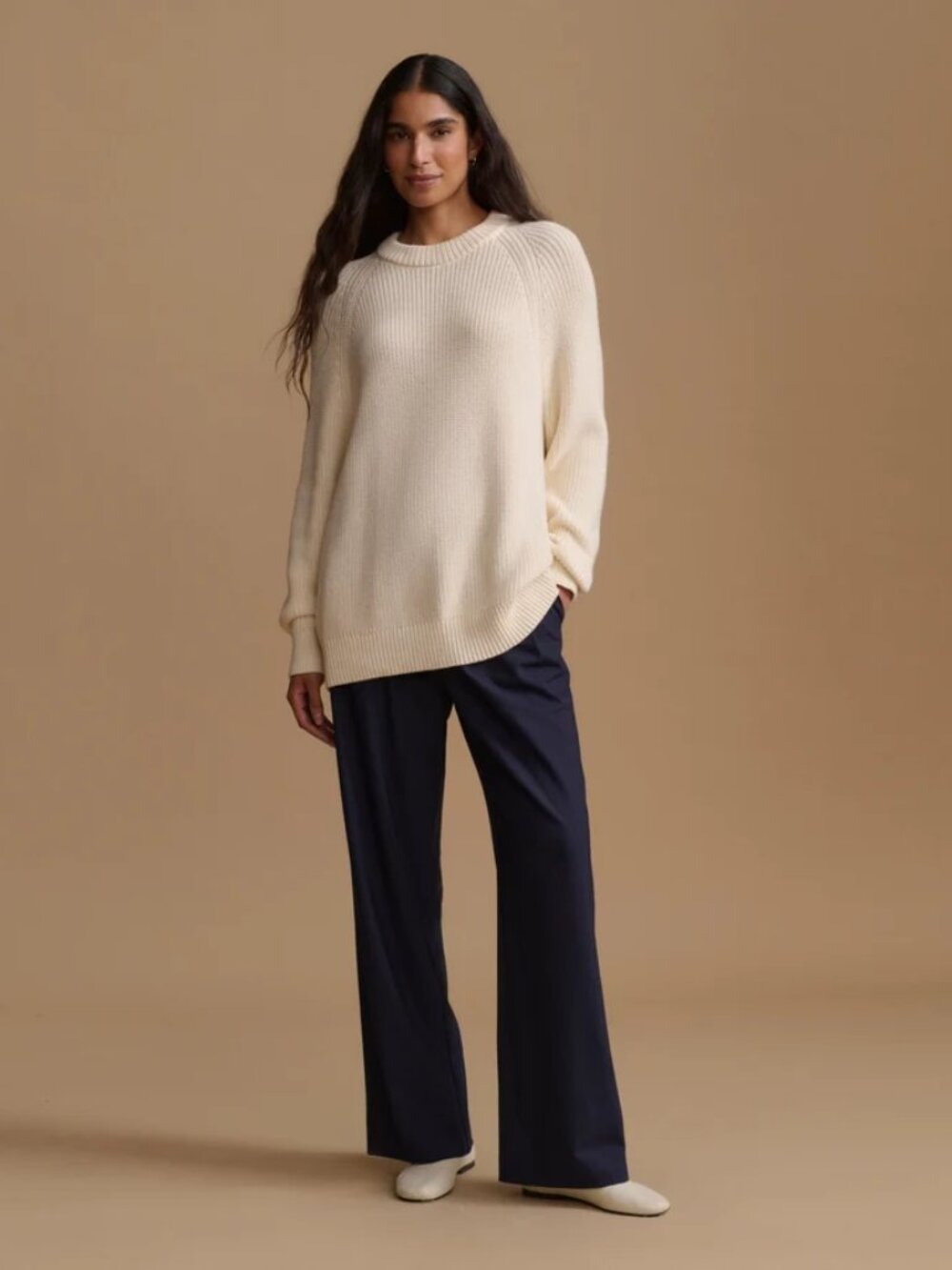 Jenni Kayne Fisherman Sweater Crew Knit Ribbed Oversized Cotton White Size Large